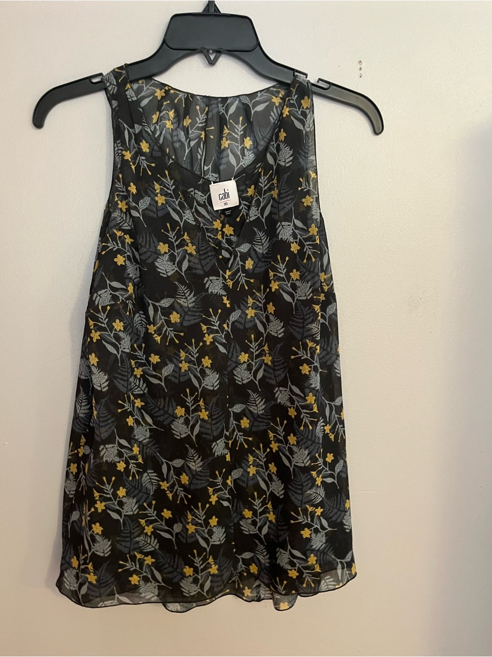 CAbi Black Floral V-Neck Camisole with Yellow & Gray Print